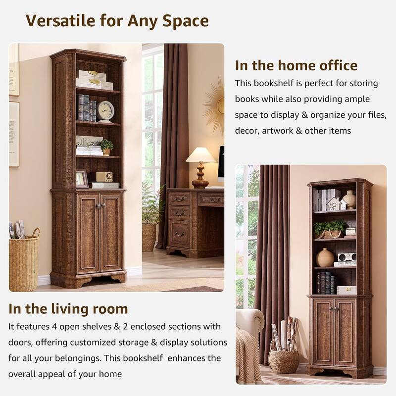 Farmhouse 6-Tier Bookshelf with Storage, 72" Tall Wooden Bookcase