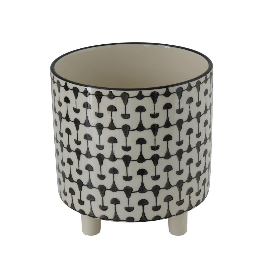 Black & White Round Stoneware Footed Planter