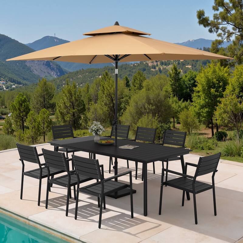 11PC Outdoor Patio Dining Set WoodLike Aluminum Umbrella Hole Table with Stackable Armchairs,Double Top Market Umbrella and Base - BlackTable&BlackChairs&TanUmbrella