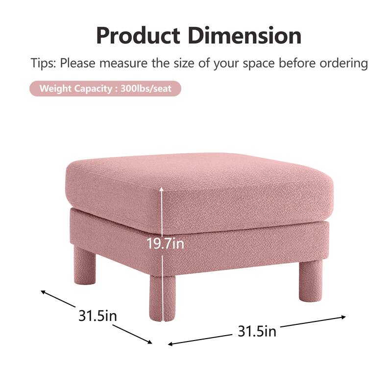 Boucle Fabric Ottoman with Wooden Legs Modern Living Room Accent