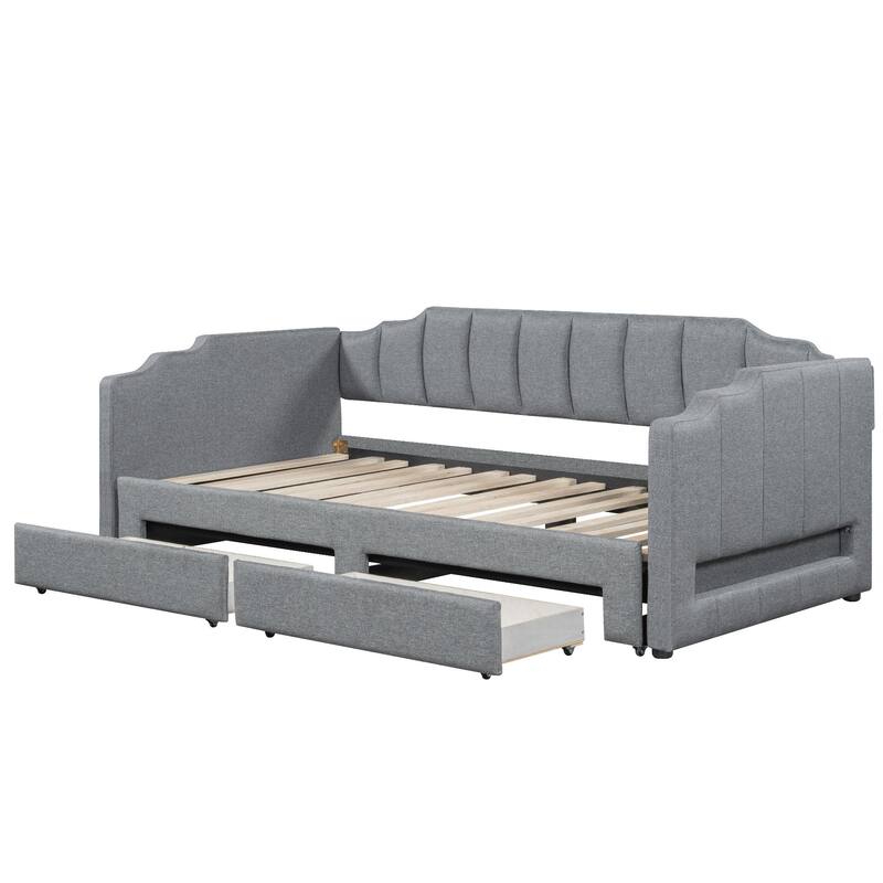 Roomfitters Twin XL Upholstered Daybed with LED Lights and 2 Storage Drawers, Extendable Pull-Out Sofa Bed Frame