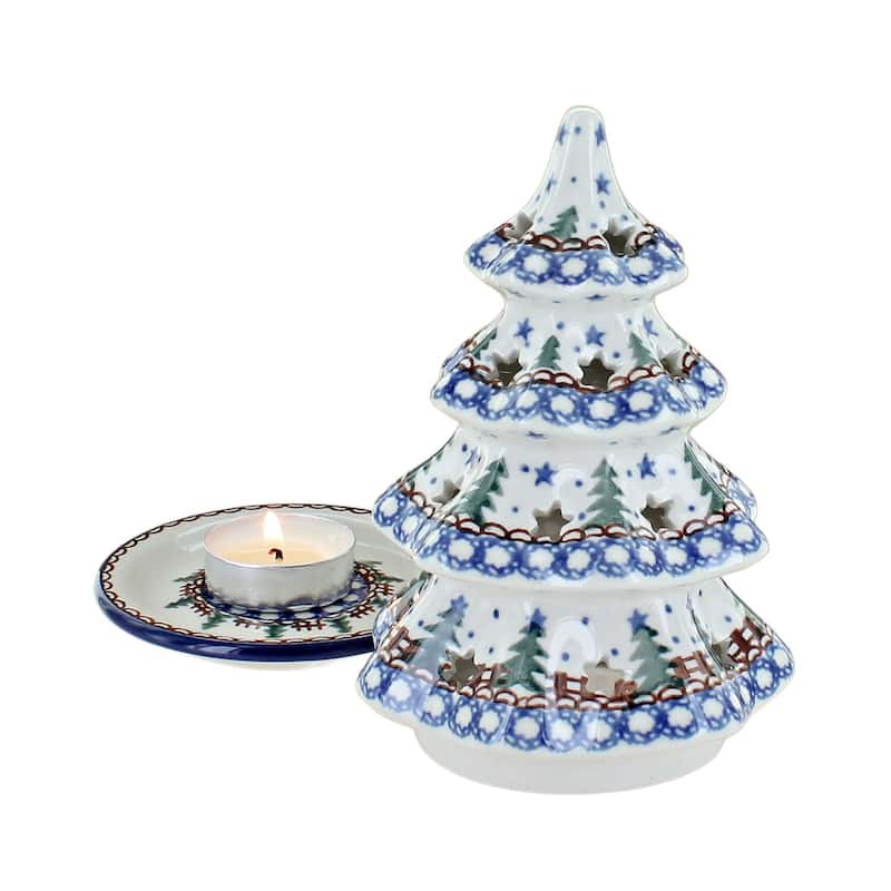 Blue Rose Polish Pottery 512 Ceramika Artystyczna Small Christmas Tree Luminary
