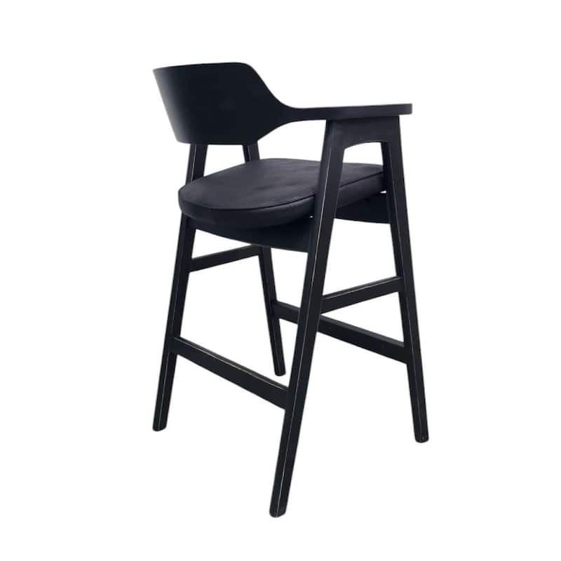 Zsy Barstool Chair, Curved Back, Black Birch Wood and Faux Leather