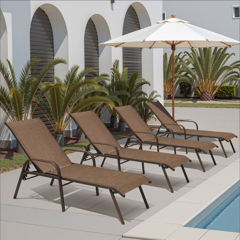Set of 4 Outdoor Patio Adjustable Back Chaise Lounges Chairs with Arms