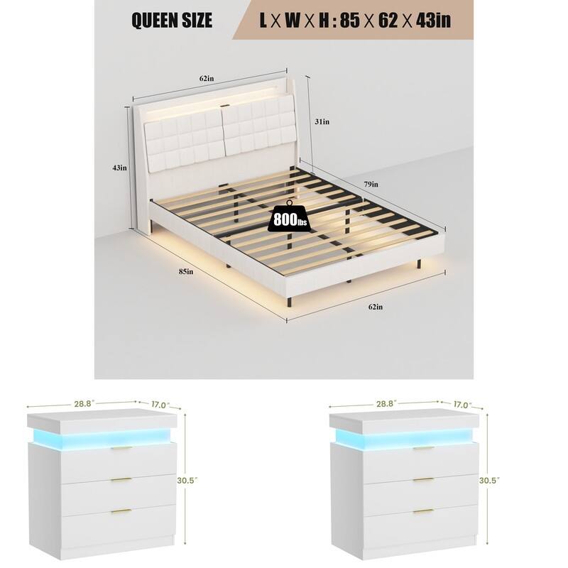 3-Pieces Bedroom Sets,Floating Bed Frame with LED Light and Charging Station and 2 Nightstand with Charging Station ,LED Lights