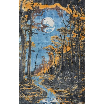 Hand Knotted Oriental Viscose Silk Carpet Modern Pictorial Navy Blue & Blues Abstract Area Rug - 7' 8'' X 5' 8''