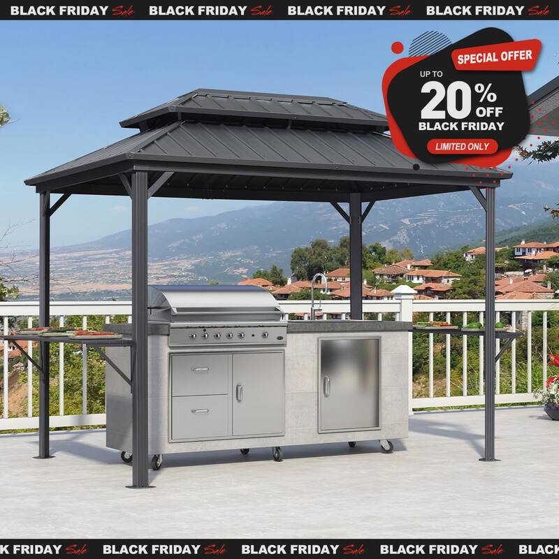 PURPLE LEAF Hardtop Grill Gazebo Galvanized Steel Roof Outdoor BBQ Canopy with Ceiling Hook and Shelves