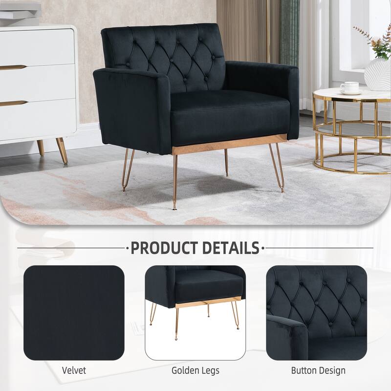 Velvet Upholstered Armchair Single Sofa Modern Tufted Reading Chairs Gold Metal Leg Wingback Chairs for Living Room Bedroom