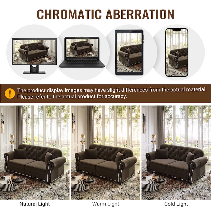 Velvet Chaise Lounge Chair with Ottoman, Mid-Century Modern Chesterfield Single Sofa Chair with Rolled Arms & Nailhead Trim