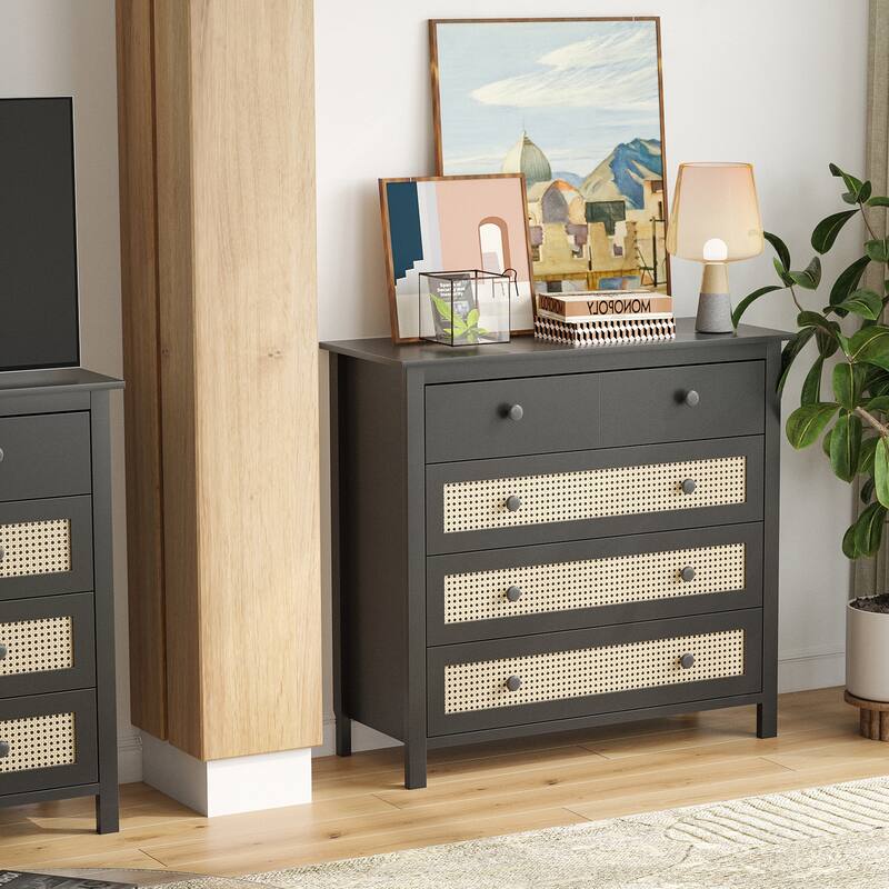 Anmytek Black 4-Drawer Rattan Sideboard Buffet Cabinet with Anti-Tipping Device Timber Frame for Kitchen,Living Room - N/A