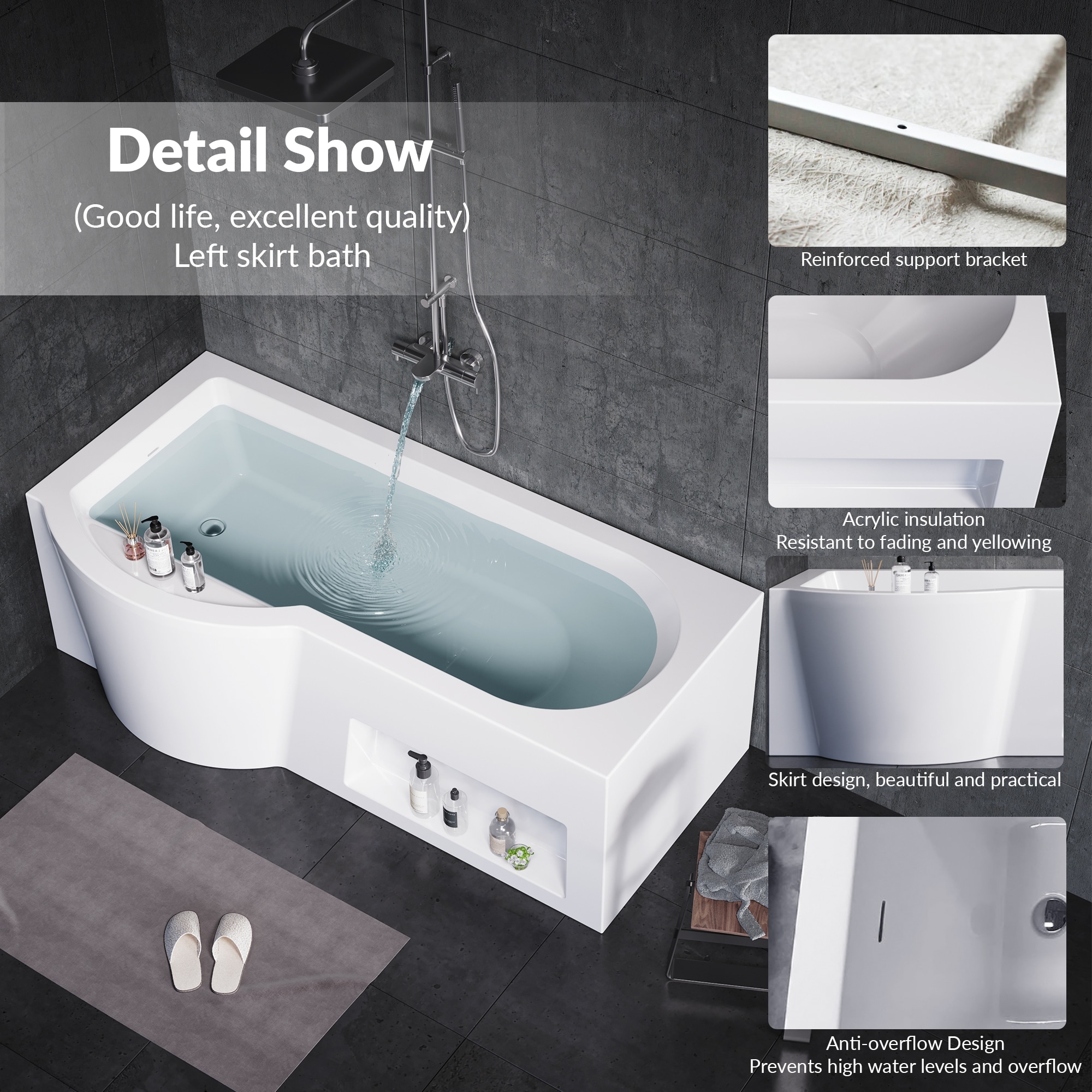 Yulika 66 Inch Alcove Acrylic Freestanding Bathtub