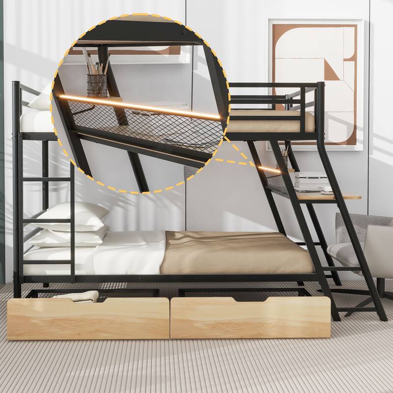 Metal Bunk Beds with Builtin Desk, Light and 2 Storage Drawers, Heavy Duty Steel Bunk Bed Frame