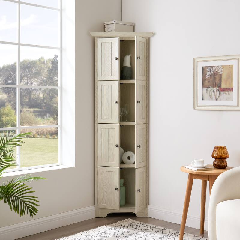 GDF Studio - Farmhouse Corner Cabinet Tall 4-Tier Storage Pantry with 8 Doors.