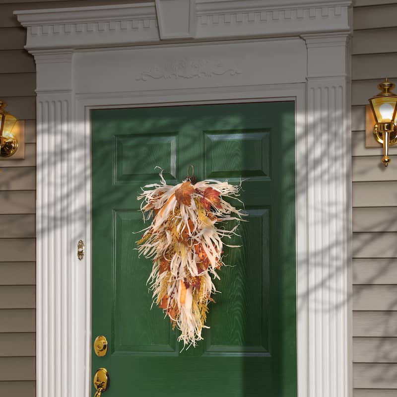 National Tree Company Artificial Autumn Teardrop with Raffia Leaves, Corn Cobs, Berry Clusters, 30 Inches - 30 in