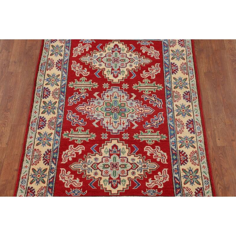 Red Geometric Kazak Foyer Rug Hand-Knotted Oriental Wool Carpet - 3'5" x 5'2"