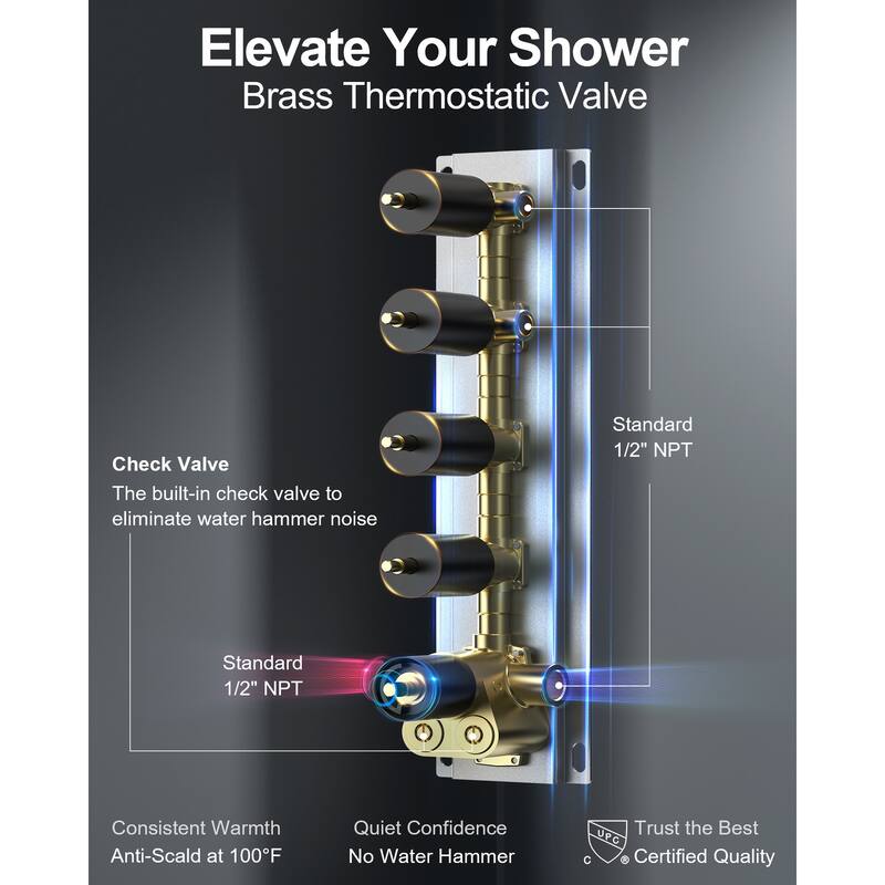 GRANDJOY Thermostatic Shower Faucet Set 16" Ceiling and 6" Wall Mounted Dual Shower Heads Handheld Shower Spray Body Jets