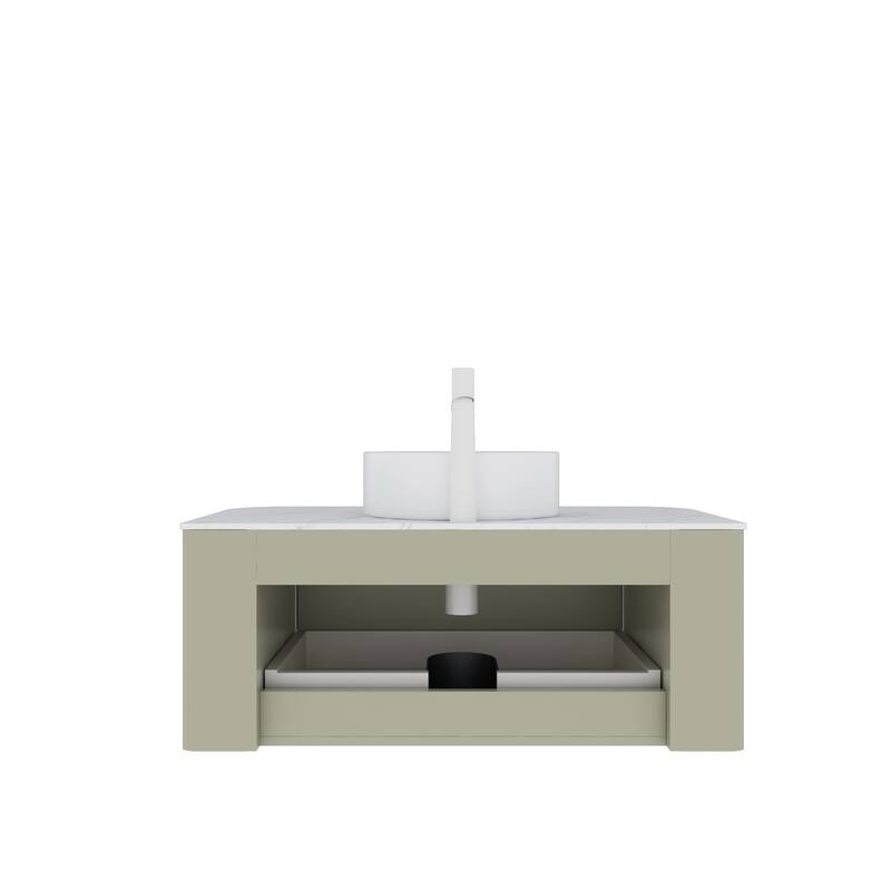 36-Inch Bathroom Vanity with Round White Ceramic Sink, Floating Wall-Mounted Storage Cabinet