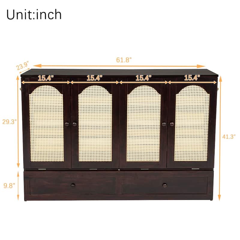 Queen Size Wood Murphy Bed with Power Station,Rattan Decoration Panel and Drawer