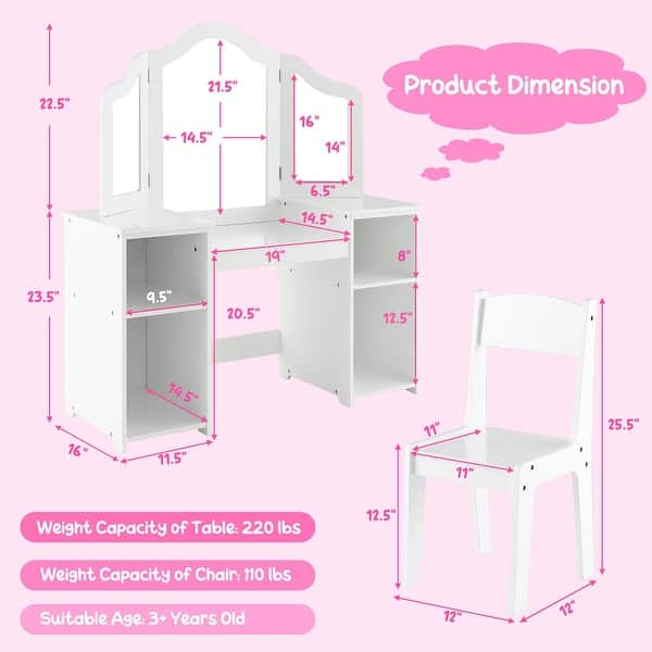 dimension image slide 1 of 2, Gymax Kids Vanity 2 in 1 Princess Makeup Desk & Chair Set Safe