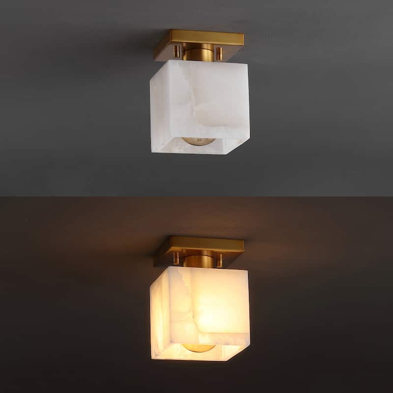 Chiara 5" 1-Light Modern Contemporary Alabaster/Iron Cube LED Semi Flush Mount, White Marbling/Brass Gold by JONATHAN Y