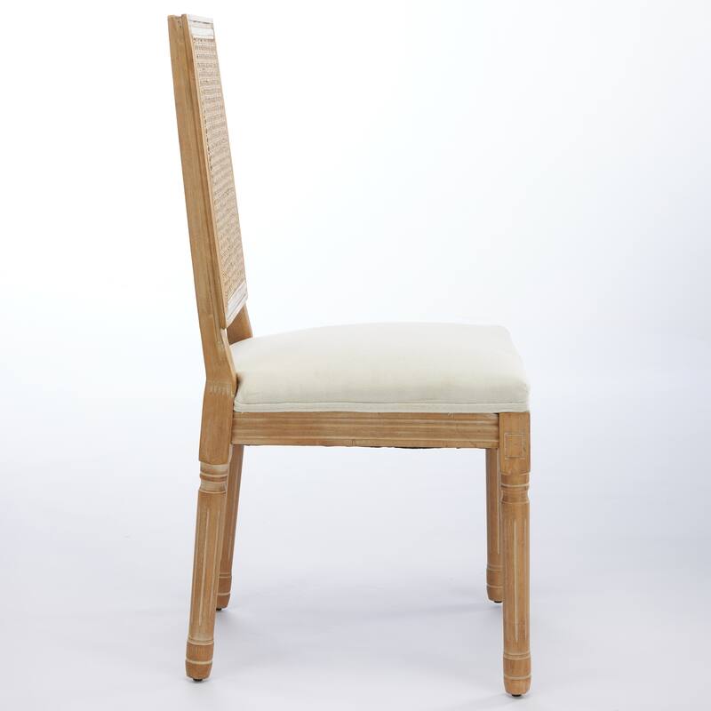 French Decor Chairs Set of 2, Louis Dining Chairs with Square Rattan Backrest and Exquisitely Carved Solid Wood Frame, Beige