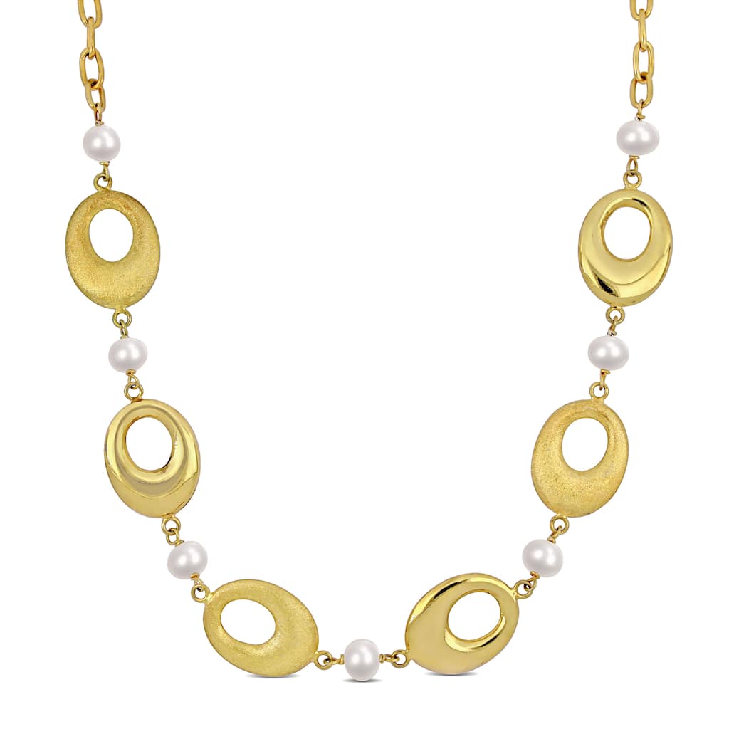 Miadora 6-7mm Cultured Freshwater Pearl and Oval Disc Station Chain Necklace in Yellow Silver - 20 in x 17 mm x 6.5 mm