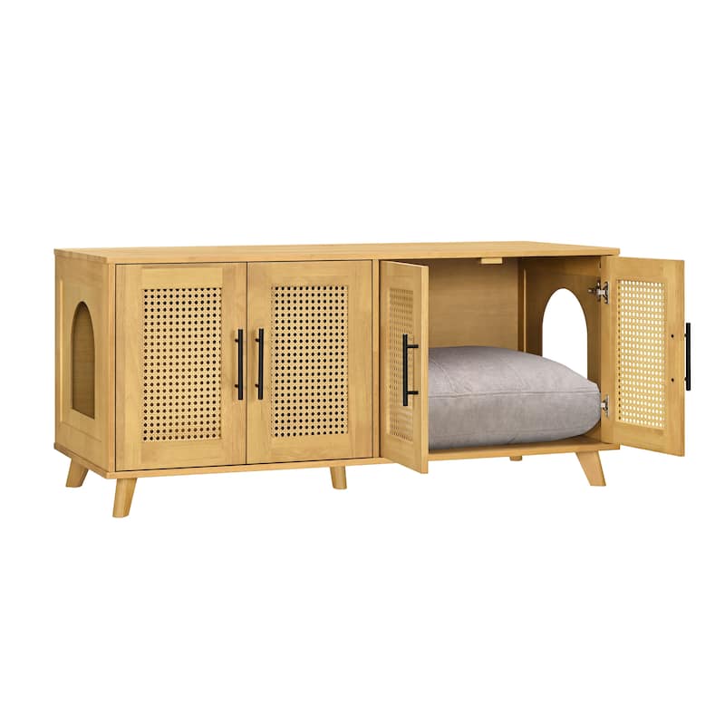 Christopher Knight Home - 47"W Rubber Wood Cat Cabinet with Rattan Doors & Cushion
