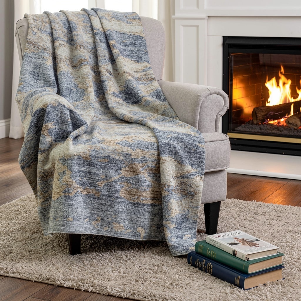 HomeRoots 50" X 70" Blue Gold And Silver Abstract Microfiber Plush Throw Blanket