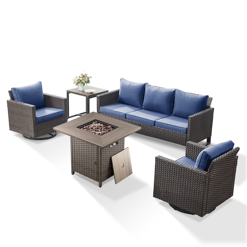 5 Pieces Fire Pit Table with Sofa Swivel Chair Set