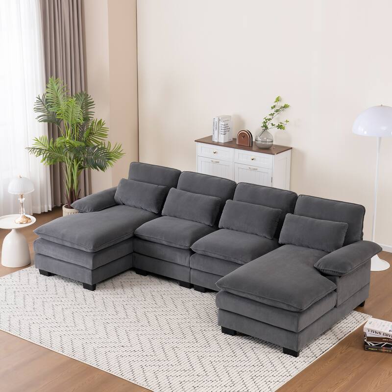 U Shape 111.8"Modern Comfort Combination Sectional Sofa,4-seat Velvet Fabric Upholstered Sofas with Chaise Lounge & Pillows - DARK GREY