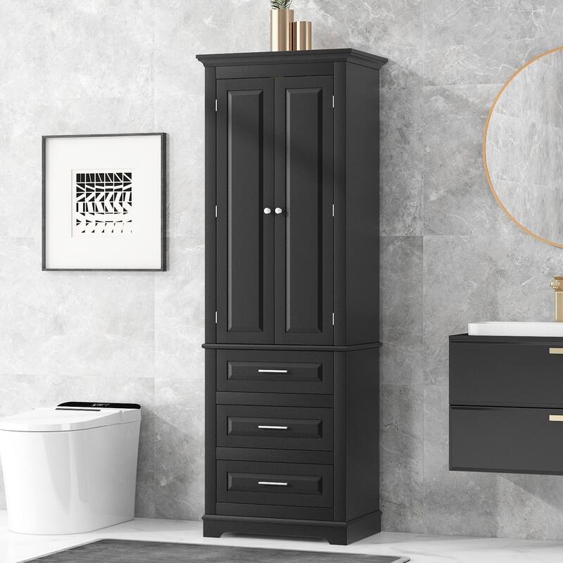 GDFStudio - Ashton Tall Storage Cabinet with Drawers, Adjustable Shelves - Three Drawers - Black