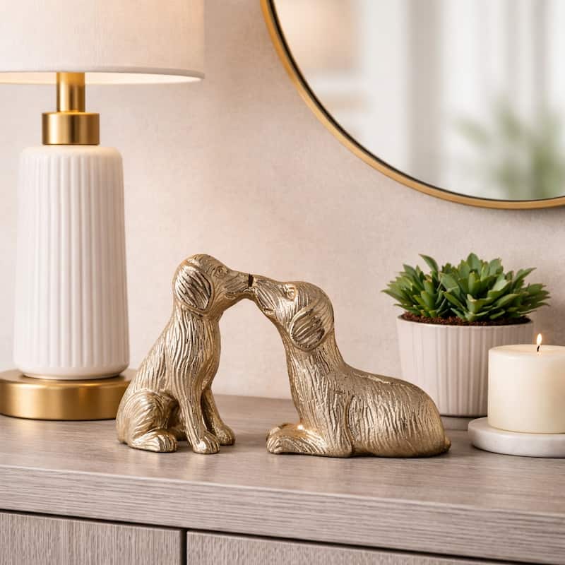 Cute Kissing Dogs Statue Figurine - Decorative Sculpture - 10", Gold - 9.75"