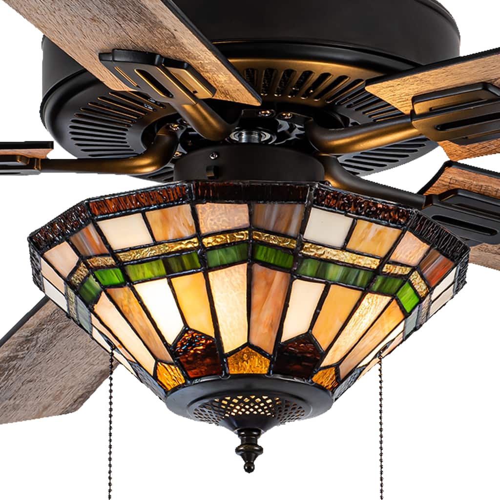 Shelby River of Goods Oil-Rubbed Bronze and Stained Glass 52-Inch 3-Light Ceiling Fan - 52" x 52" x 15"/20"
