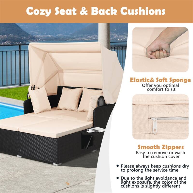 Rattan Daybed Lounge with Retractable Canopy and Side Tables - 65" x 60.5 x 58.5"