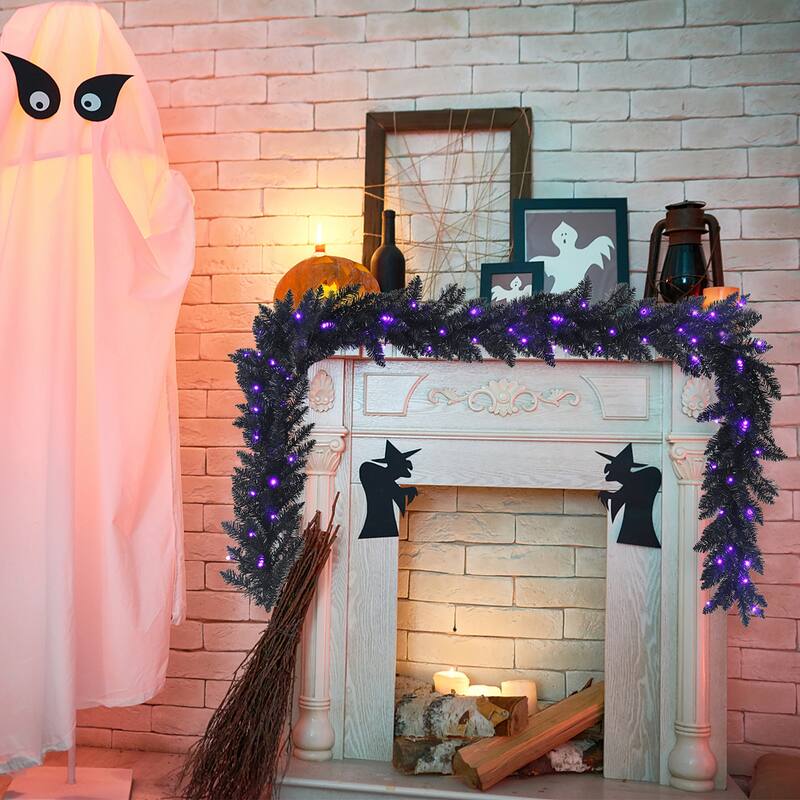 Costway 9ft Pre-lit Christmas Halloween Garland Black w/ 50 Purple LED - See details