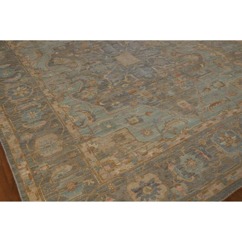Hand Knotted Oriental 100% Wool Carpet Transitional Medallion Navy Blue & Blues Oushak Area Rug - 9' 9'' X 8' 3''