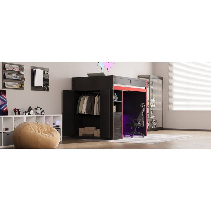 Roomfitters Twin/Full Gaming Loft Bed with Desk, Storage Locker and LED Lights, Black