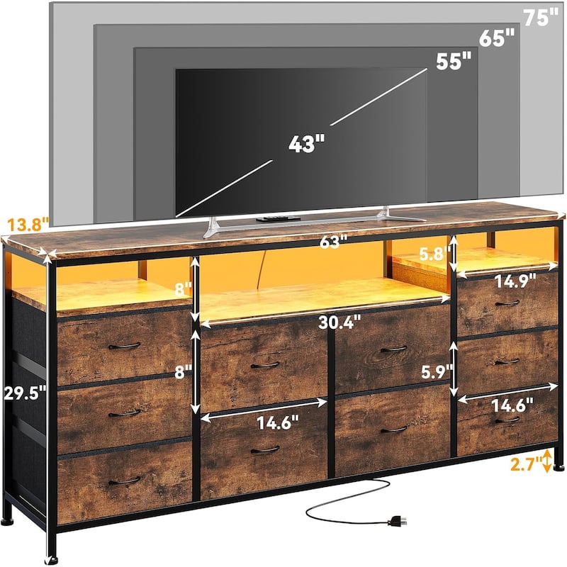 63.3 Inch Black Dresser for Bedroom, 10 Drawer Dresser TV Stand