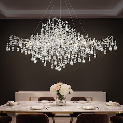 12-Lights Silver Luxury Crystal Linear Chandelier, Modern Tree Branch Ceiling Pendant Light for Dinning Room,Living Room