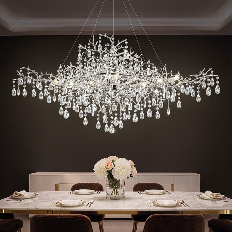 12-Lights Silver Luxury Crystal Linear Chandelier, Modern Tree Branch Ceiling Pendant Light for Dinning Room,Living Room