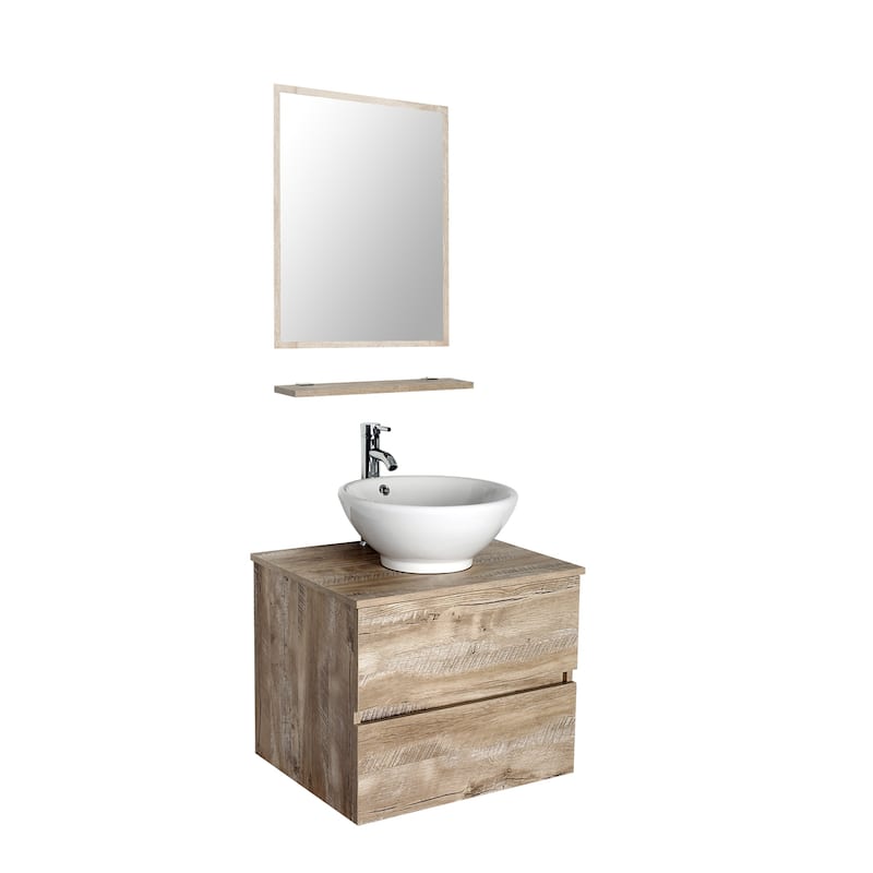 eclife 24" Wall Mounted Bathroom Vanity Ceramic Tempered Glass Sink Combo Natural 2 Drawers Cabinet Vanity Set