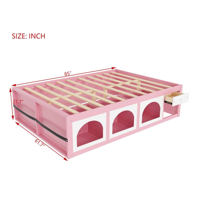 Wooden Platform Bed with Footboard Bookshelf, LED Display Cabinet and Drawer Storage by Harper&Bright Designs