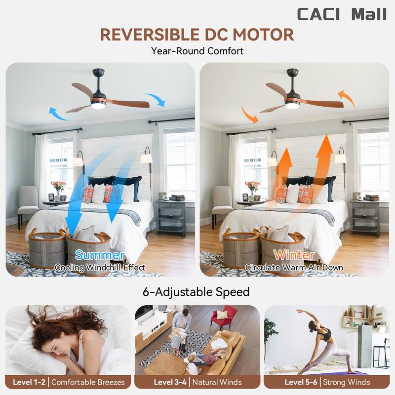 52/60 Inch Ceiling Fan with Integrated LED Light and Remote Control Quiet DC Motor