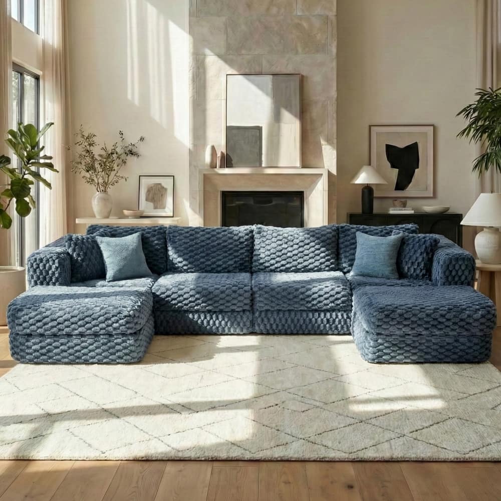 135.4" Bubble Velvet Fabric Sectional Sofa with 2 Ottomans