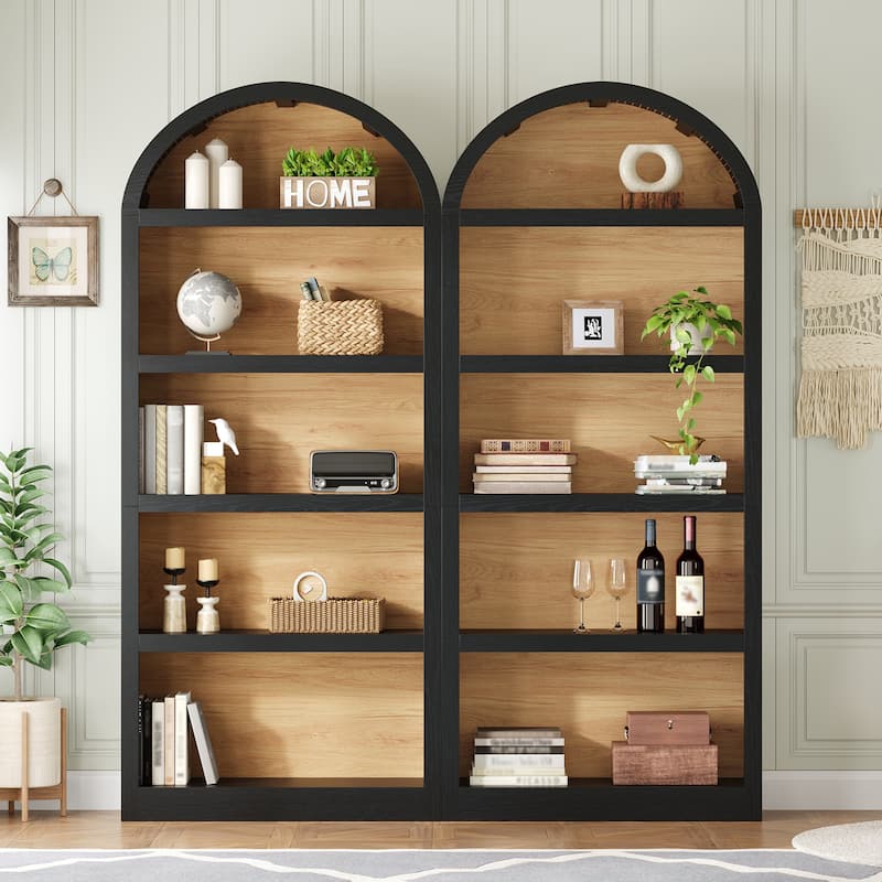 Freestanding Tall Bookshelves Set of 2, Farmhouse Two-Tone Open Storage Cabinet with Fabric Arched Top, 5-Tier Display Bookcase