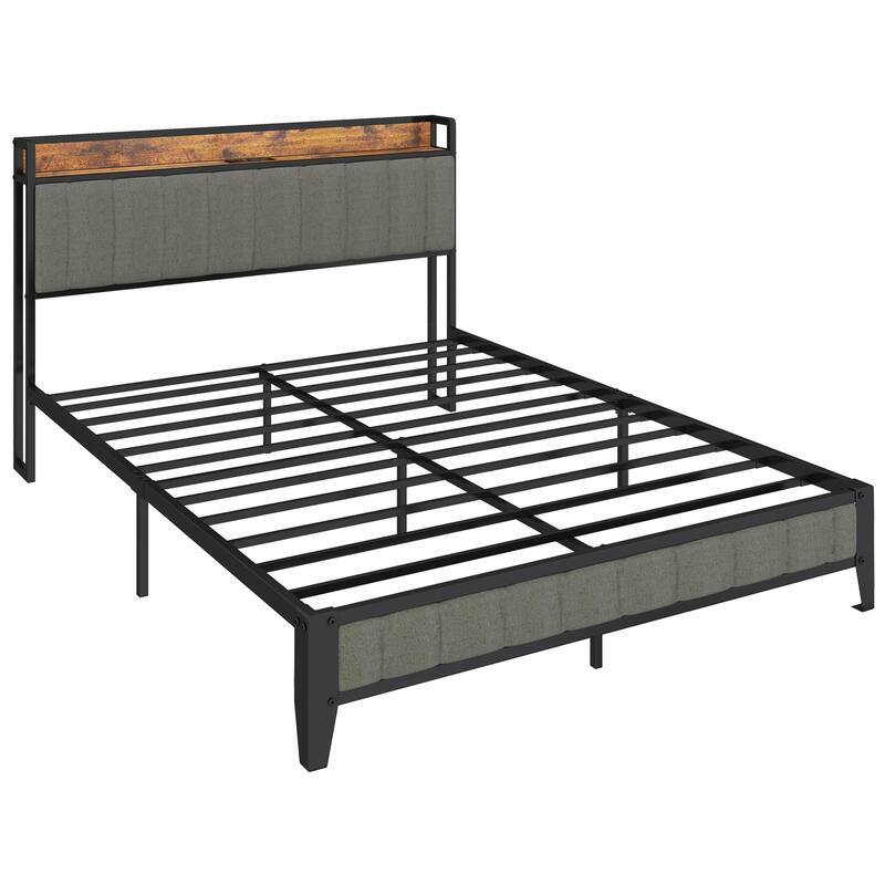 Full Size Bed Frame with Charging Station, Upholstered Headboard, Metal Platform, Grey
