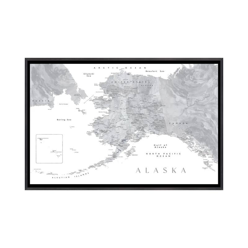 iCanvas "Gray Watercolor Detailed Map Of Alaska" by blursbyai Framed - Ebony - 26x40