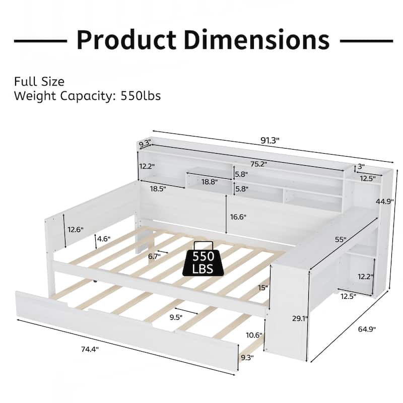 Wooden Full Size Daybed with Storage Shelves, Multi-functional Bed with Twin Size Trundle Bed