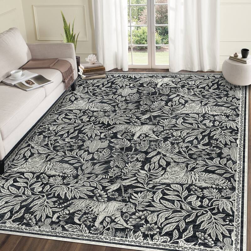 Forest Tiger Rugs Living Room Rug, Soft Washable Bedroom Rug, Low Pile Non-Slip Dining Room Home Office Carpet - 9'x12' - Black