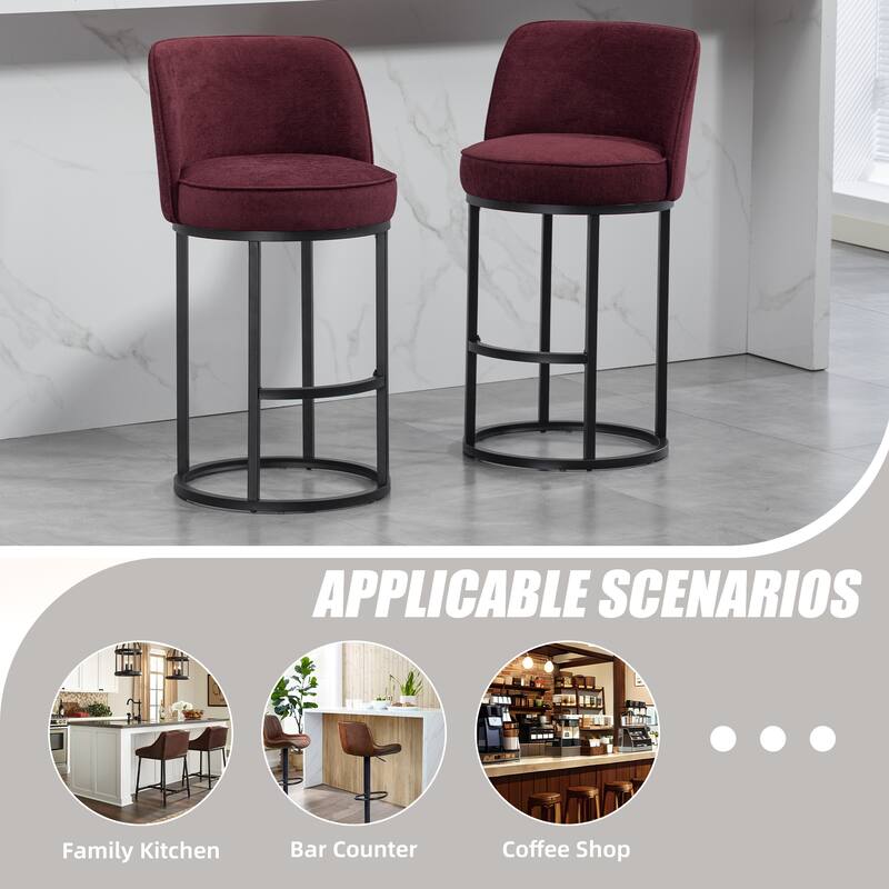 Counter Height Bar Stools Set of 2, Modern Barrel Counter Stools with Backrest, Linen Fabric Upholstered Accent Bar Stools